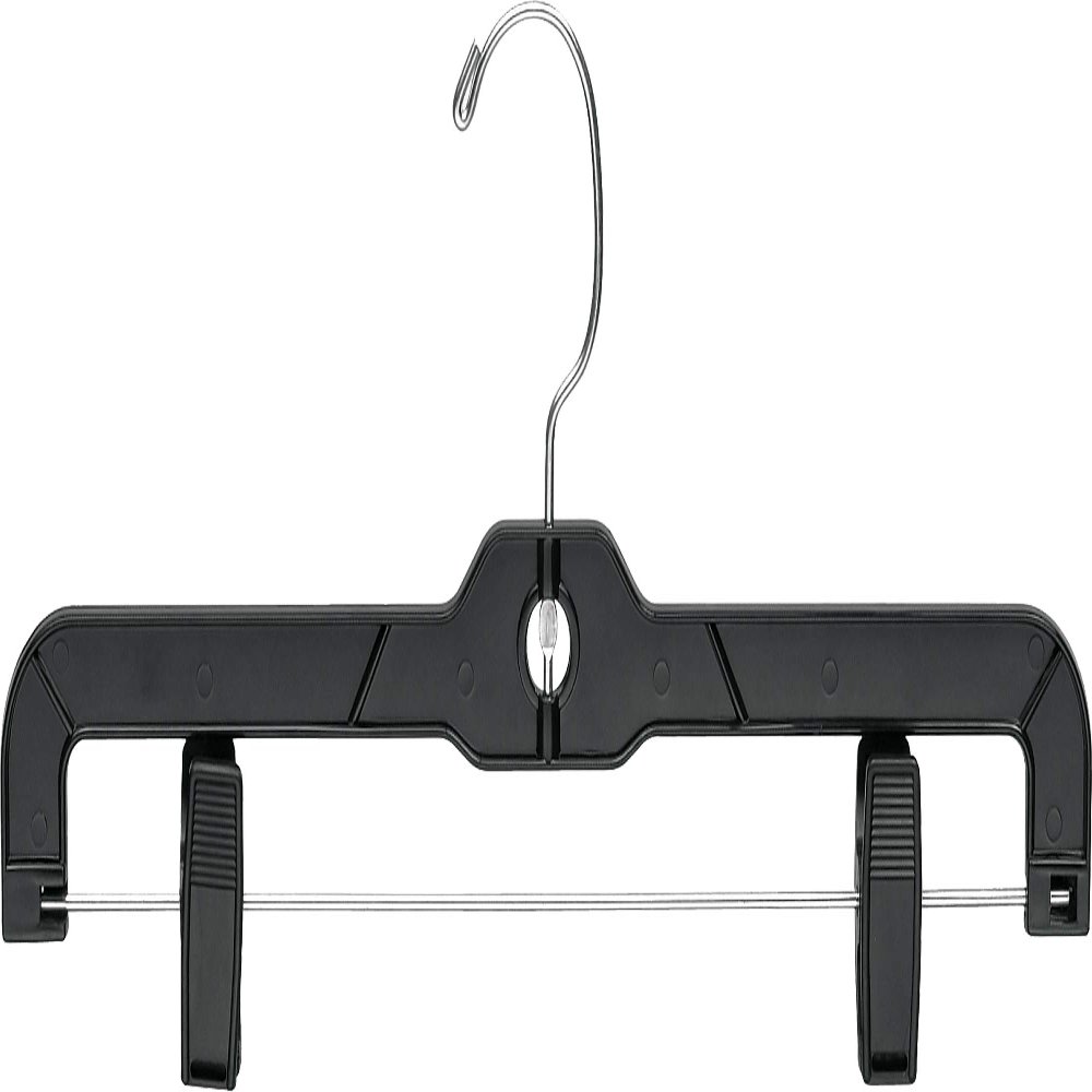 14 Inch Black Plastic Pant Hanger with Adjustable Cushion Clips, (Box of 25) Skirt Hangers with Polished Chrome Swivel Hook