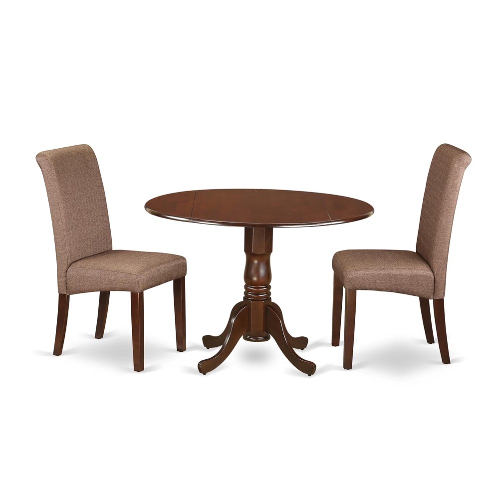 East West Furniture DLBA3-MAH-18 3 Piece Modern Dining Table Set Contains a Round Wooden Table with Dropleaf and 2 Brown Linen Linen Fabric Parsons Dining Chairs, 42x42 Inch, Mahogany