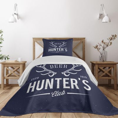 Ambesonne Hunting Coverlet, Deer Hunter's Club Logo Design Antlers Retro Typography Shabby Style, 2 Piece Decorative Quilted Bedspread Set with 1 Pillow Sham, Twin Size, Navy Blue White