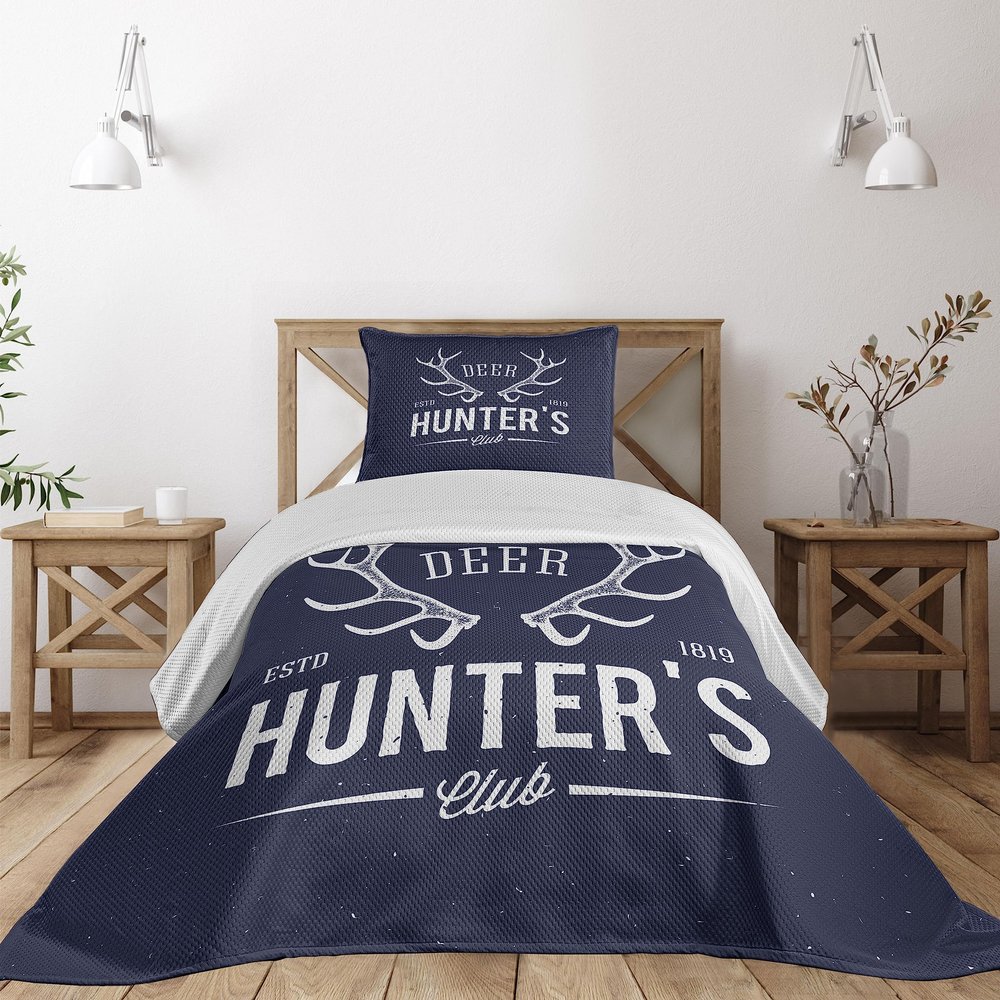 Ambesonne Hunting Coverlet, Deer Hunter's Club Logo Design Antlers Retro Typography Shabby Style, 2 Piece Decorative Quilted Bedspread Set with 1 Pillow Sham, Twin Size, Navy Blue White