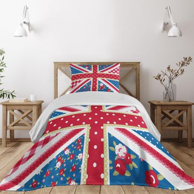 Ambesonne Shabby Flora Coverlet, British Flag in Floral Style Retro Polka Dots Country Culture Inspired, 2 Piece Decorative Quilted Bedspread Set with 1 Pillow Sham, Twin Size, Blue Pink