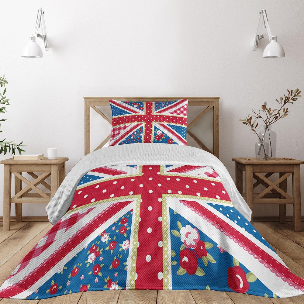 Ambesonne Shabby Flora Coverlet, British Flag in Floral Style Retro Polka Dots Country Culture Inspired, 2 Piece Decorative Quilted Bedspread Set with 1 Pillow Sham, Twin Size, Blue Pink