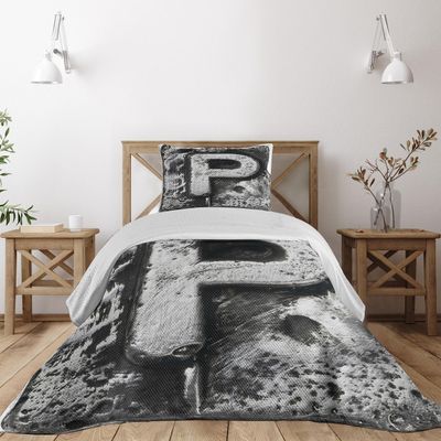 Ambesonne Letter P Coverlet, Capital P What is Your Name Baroque Styled Gothic Medieval Fashion Aged Initials, 2 Piece Decorative Quilted Bedspread Set with 1 Pillow Sham, Twin Size, Black Grey