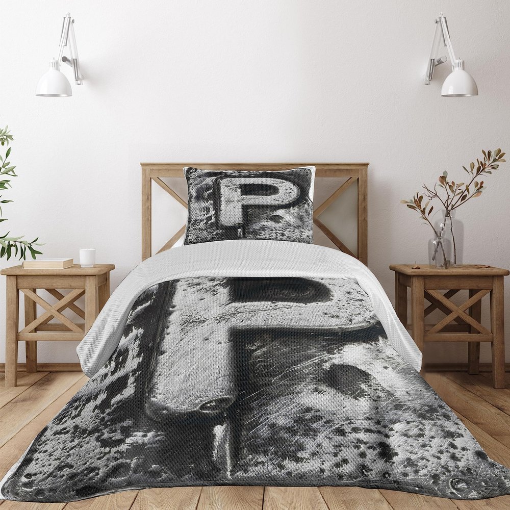 Ambesonne Letter P Coverlet, Capital P What is Your Name Baroque Styled Gothic Medieval Fashion Aged Initials, 2 Piece Decorative Quilted Bedspread Set with 1 Pillow Sham, Twin Size, Black Grey