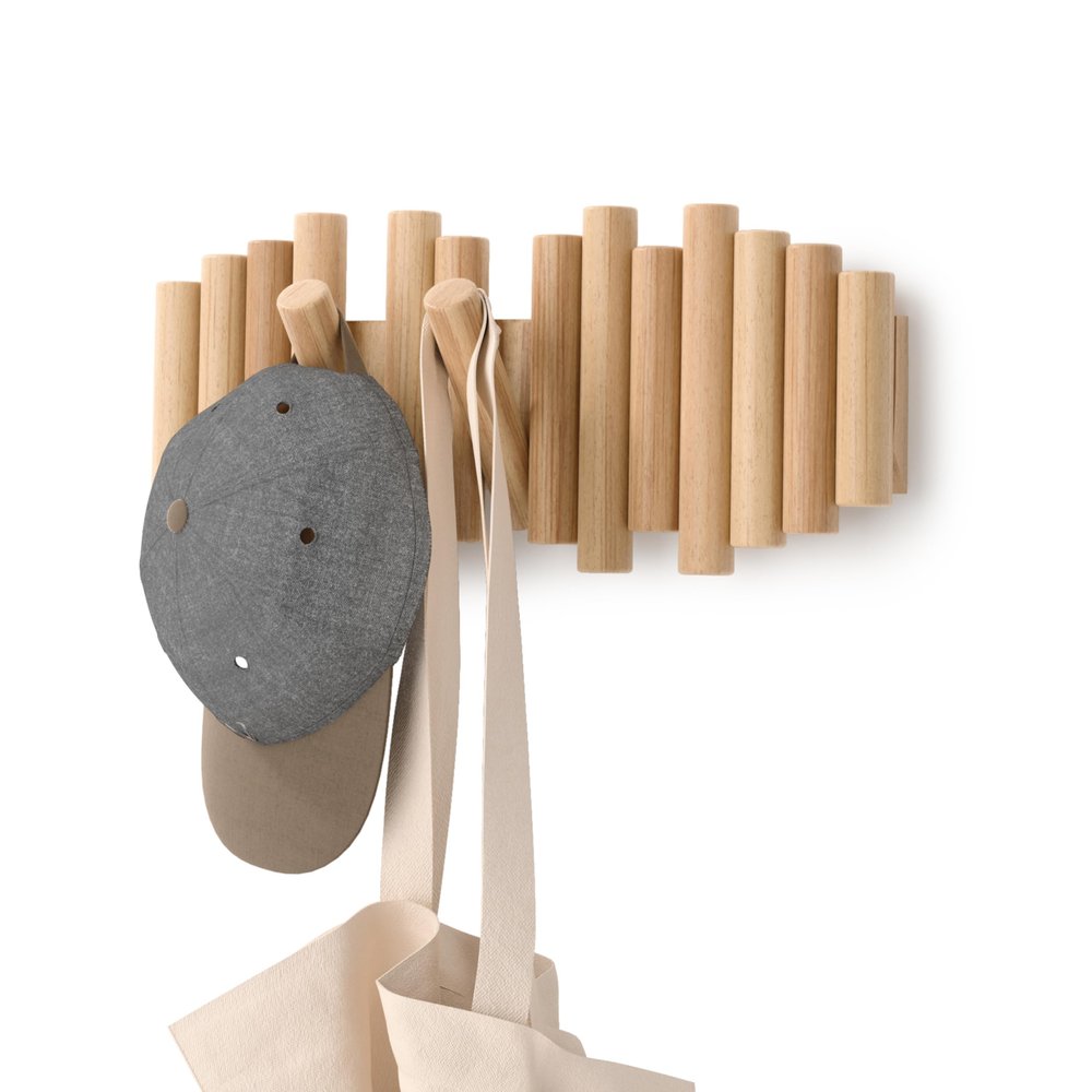Umbra Picket Coat Rack Wall Mount  5 Flip-Down Wood Coat Hooks, Modern & Functional Storage, Easy Install Wall Hooks, Natural