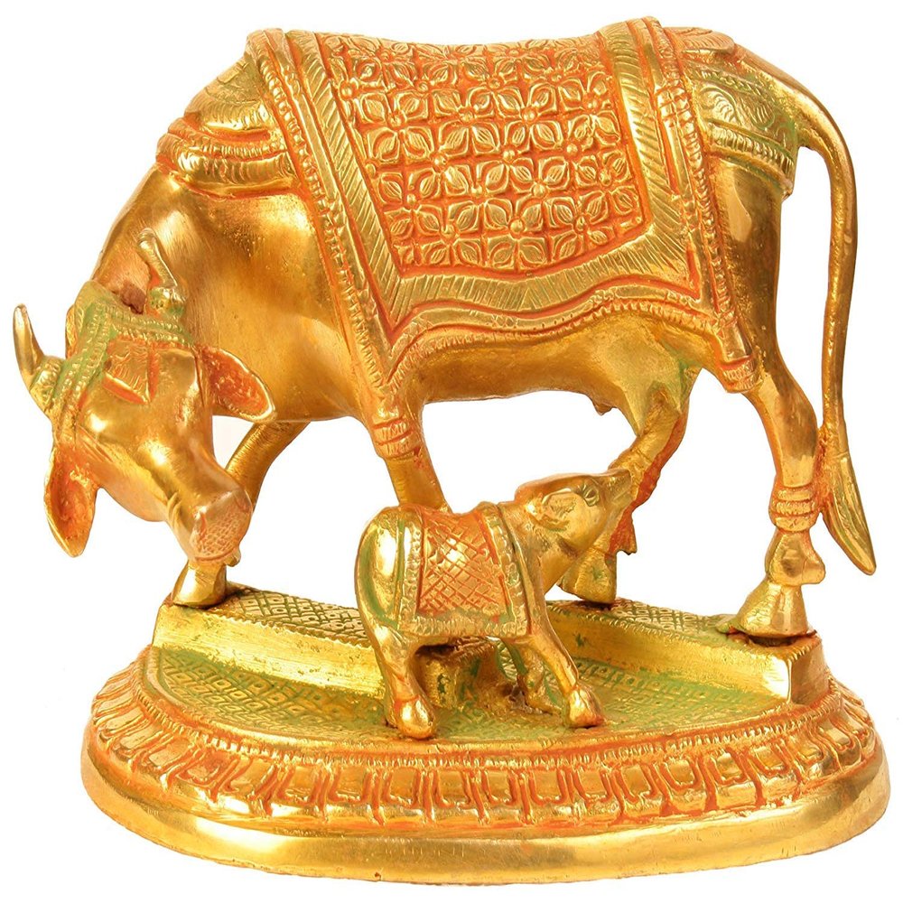 Cow and Calf - Most Sacred Animal of India - Brass - Color Gold Color