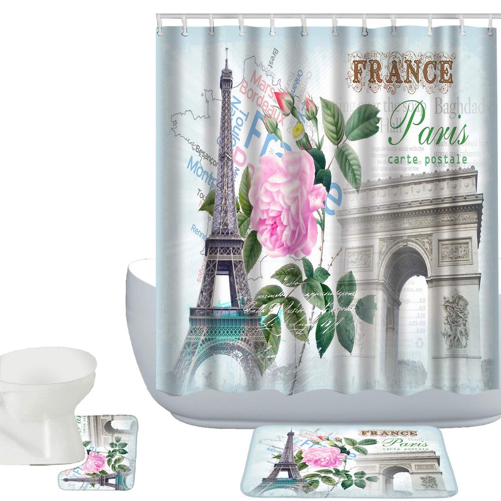 Amgacial Paris Eiffel Tower with Pink Flowers Pattern 3 Piece Bathroom Mat Set Shower Curtain Set Non Slip Bath Mat + Contour Mat + Waterproof Shower Curtain + 12 Hooks