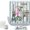 Amgacial Paris Eiffel Tower with Pink Flowers Pattern 3 Piece Bathroom Mat Set Shower Curtain Set Non Slip Bath Mat + Contour Mat + Waterproof Shower Curtain + 12 Hooks view 1