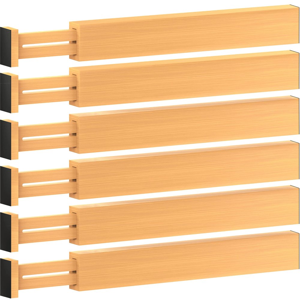 6 Pack Bamboo Drawer Dividers - 17" to 21.5" Expandable Adjustable Drawer Organizer for Kitchen Utensils, Large Kitchen Drawer Divider, Clothes, Dresser, Bedroom, Bathroom & Desk Drawer Separator Set
