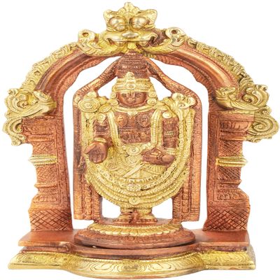 Exotic India Lord Venkateshvara as Balaji at Tirupati - Brass Statue - Color Copper Gold Color