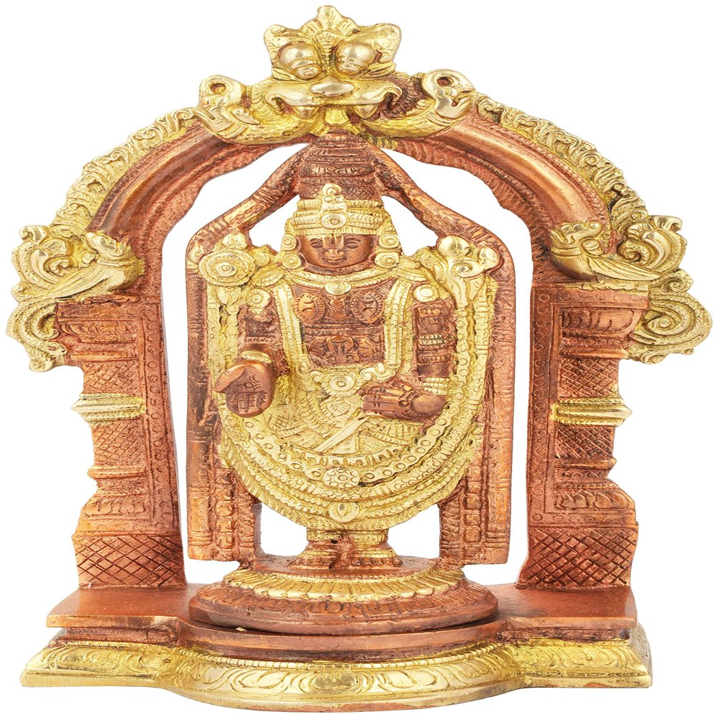 Exotic India Lord Venkateshvara as Balaji at Tirupati - Brass Statue - Color Copper Gold Color