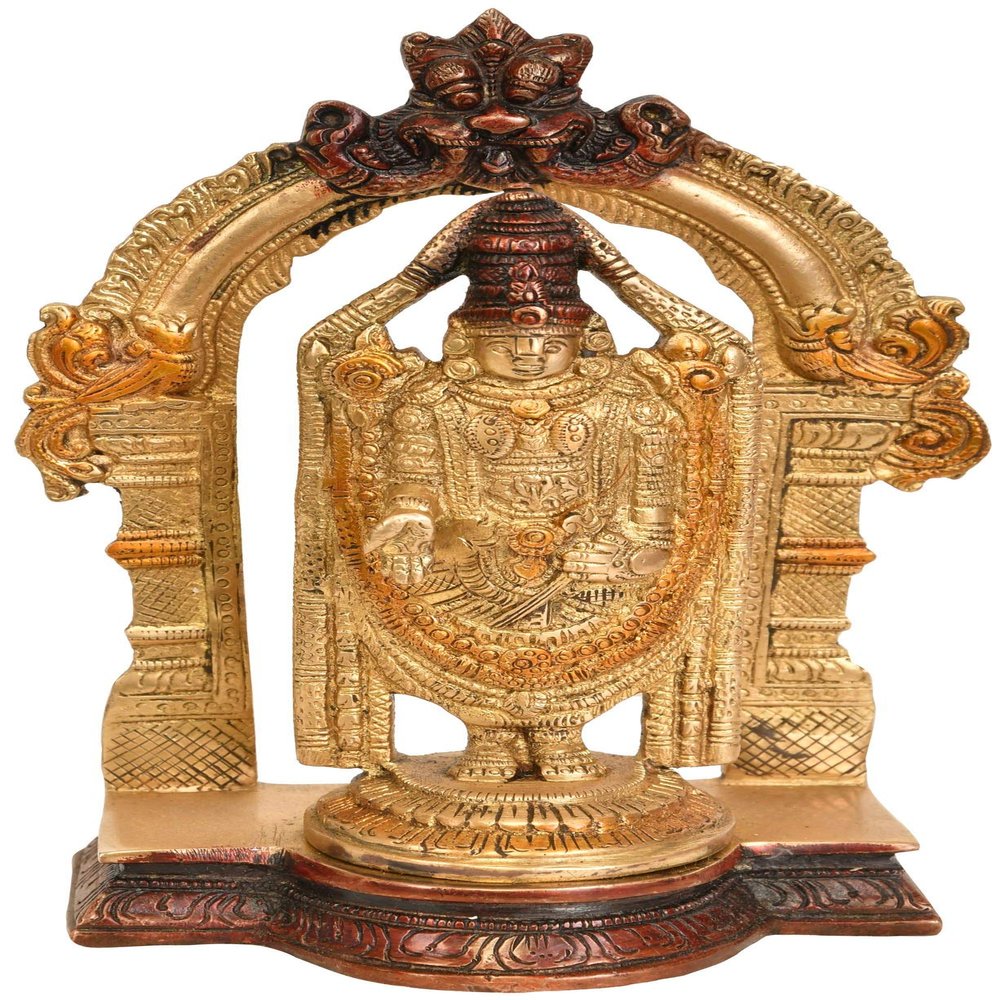 Exotic India Lord Venkateshvara as Balaji at Tirupati - Brass Statue - Color Red Gold Color