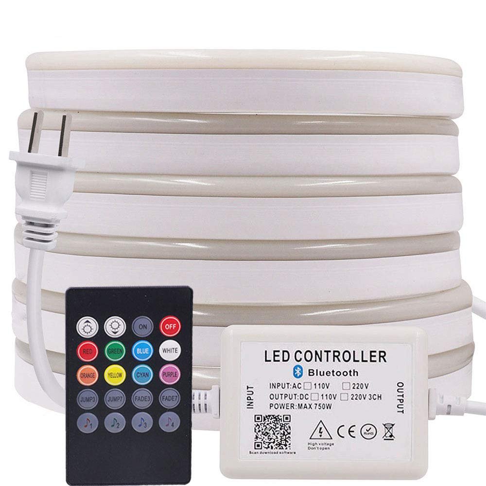 XUNATA LED Neon Light, Bluetooth Remote Control LED Rope Light, AC 110-130V RGB Dimmable Waterproof 5050 60 LED/m Light Strip for Commercial Building, Outdoor Lighting(33ft/10m)