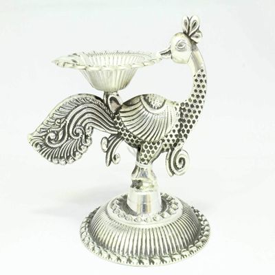 Rajasthan Gems Sterling Silver 925 Oil lamp Diya Deepak Religious Temple Peacock Bird 125 Gr