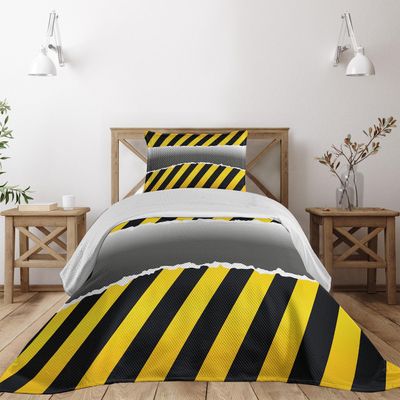 Ambesonne Construction Coverlet, Ripped Sign Working Site Danger Hazard Progress Caution Urban Pattern, 2 Piece Decorative Quilted Bedspread Set with 1 Pillow Sham, Twin Size, Yellow Black