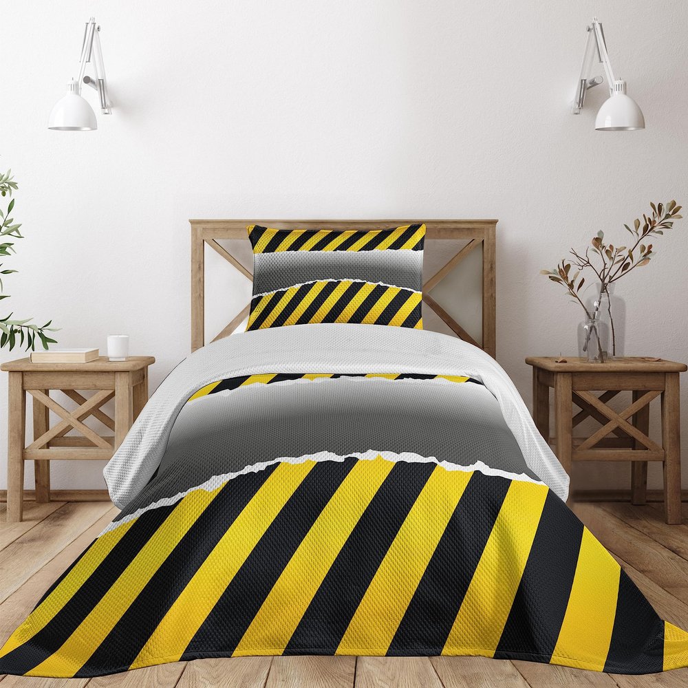 Ambesonne Construction Coverlet, Ripped Sign Working Site Danger Hazard Progress Caution Urban Pattern, 2 Piece Decorative Quilted Bedspread Set with 1 Pillow Sham, Twin Size, Yellow Black