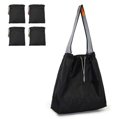 EcoJeannie 4 Pack Ripstop Nylon Draw-String Reusable Shopping Bag, Reusable Grocery Bag, Built-in Pouch, Inner Pocket (Black-Black-Black-Black)