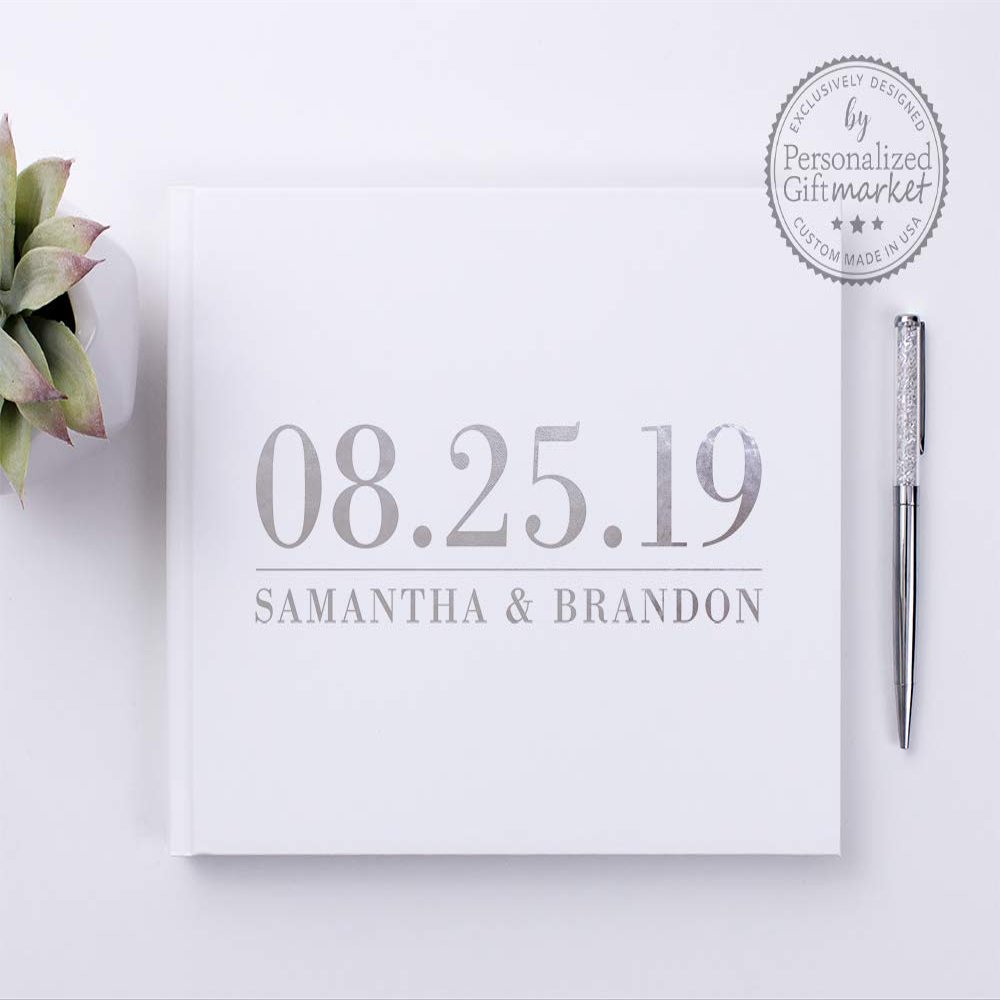 Personalized Gift Market Custom Wedding Guest Book with Silver Foil, Minimal Modern Signature Wedding Guestbook or Photo Album - Hardcover (12x12 inches)