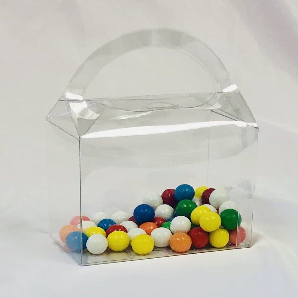 50 PCS 5-1/8 x 3-1/2 x 3-3/4" Clear APET Food Safe Handbag/Gable Shaped Box Arc Handle