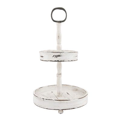 Creative Co-Op Distressed Cream Wood 2-Tier Tray with Metal Handle