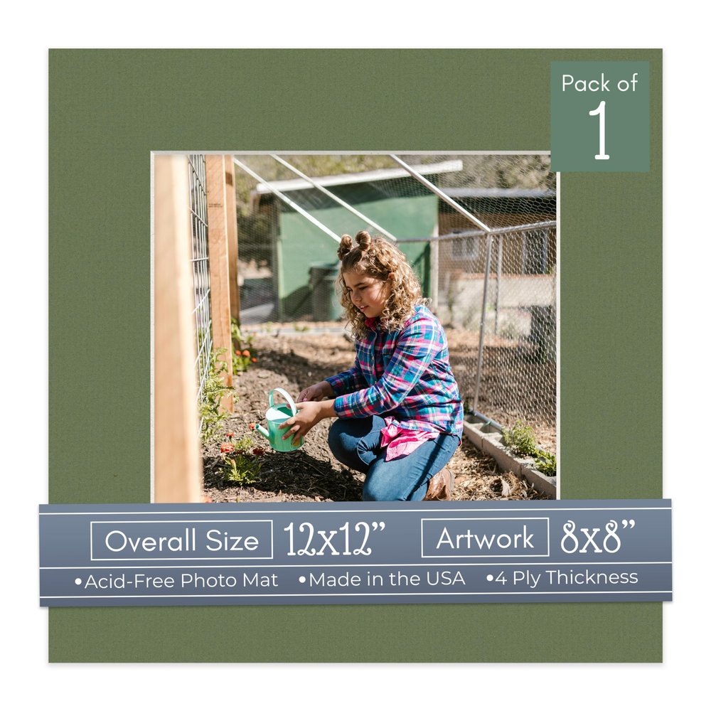CountryArtHouse Dill Acid Free 12x12 Picture Frame Mats with White Core Bevel Cut for 8x8 Pictures - Fits 12x12 Frame - One Mat - With Bag & Backing