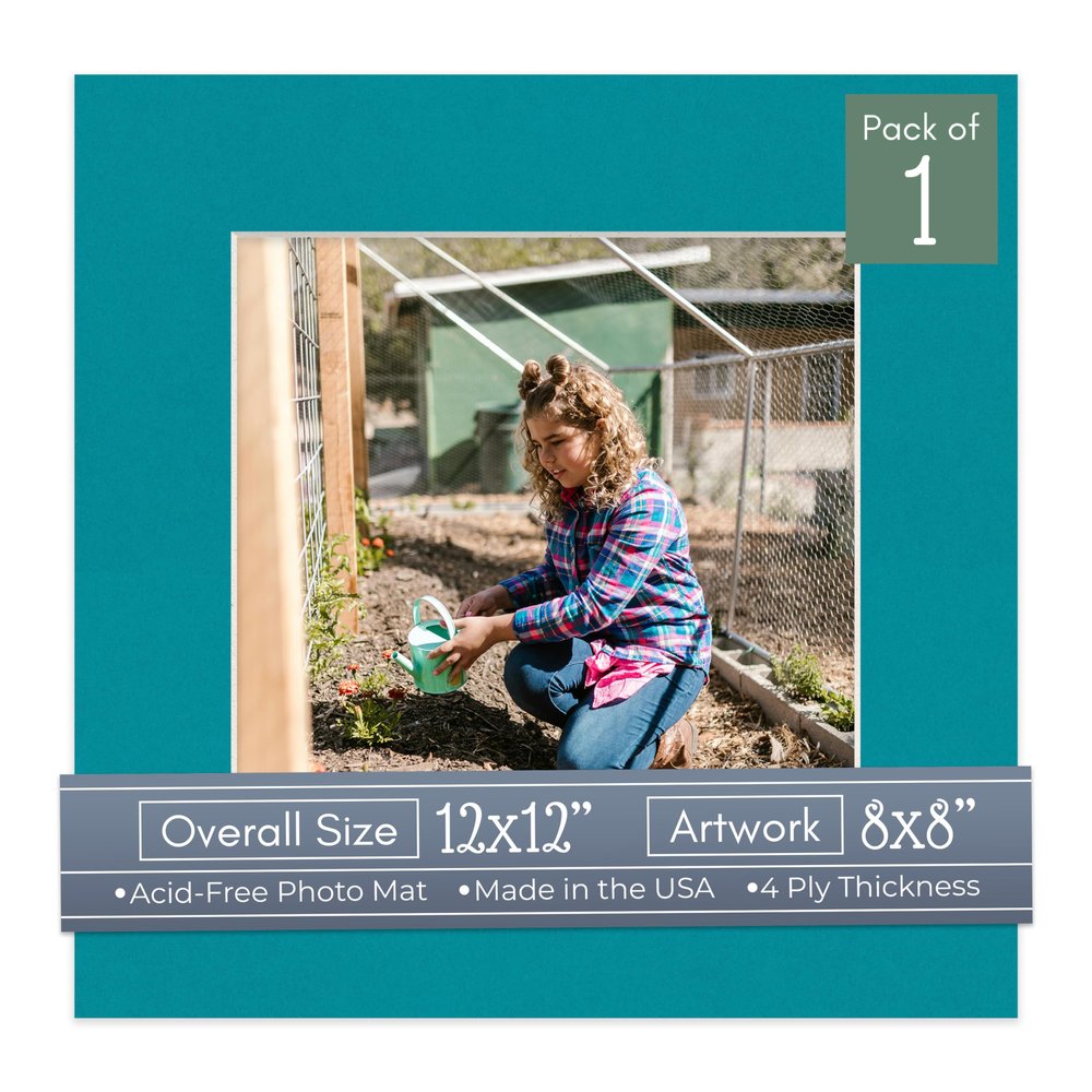 CountryArtHouse Teal Acid Free 12x12 Picture Frame Mats with White Core Bevel Cut for 8x8 Pictures - Fits 12x12 Frame - One Mat - With Bag & Backing