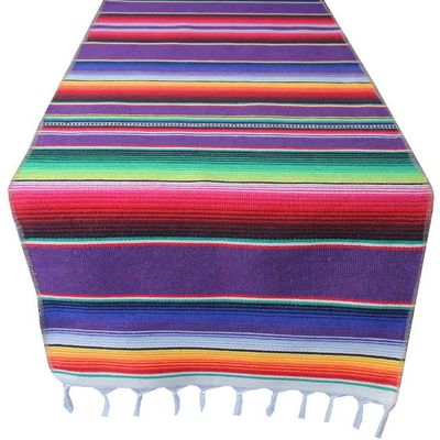 10 Packs Mexican Serape Table Runners for Mexican Theme Party, Cinco de Mayo Fiesta Party, Day of Death Decorations, Falsa Classic Striped Fringe Pattern Cotton Blanket, Purple,14x84 inches