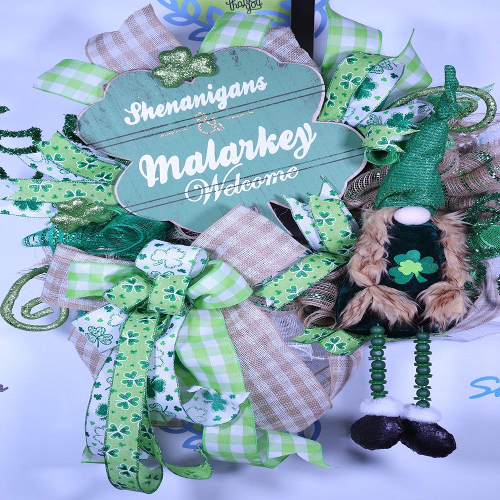 St Patricks Day Gnome Wreath, St Pattys Day Decor, Lucky Decor, Shenanigans Welcome, Shamrock Decorations, Four Leaf Clover, Gnome Plush