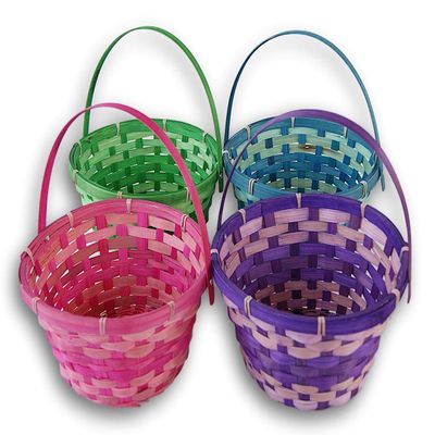 Easter Baskets with Hinged Handle - Round Woven Bamboo (Purple, Pink, Green, Blue) - 4 Pack