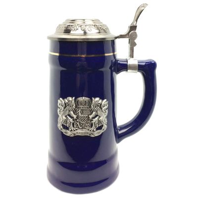0.75 Liter | OktoberfestHaus Beer Lover Gift Beer Stein Tankard Medieval German Bavarian Coat Of Arms With Germany On Metal Emblem Bier Krug Cobalt Blue Ceramic Mug With Lid