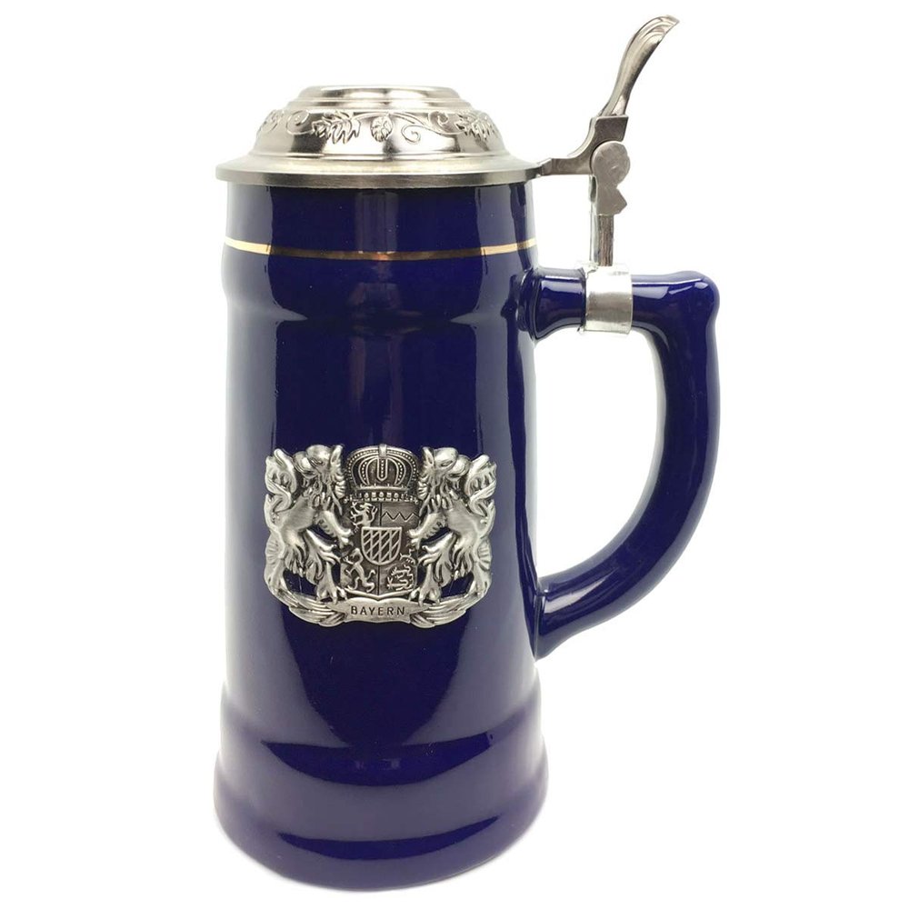 0.75 Liter | OktoberfestHaus Beer Lover Gift Beer Stein Tankard Medieval German Bavarian Coat Of Arms With Germany On Metal Emblem Bier Krug Cobalt Blue Ceramic Mug With Lid