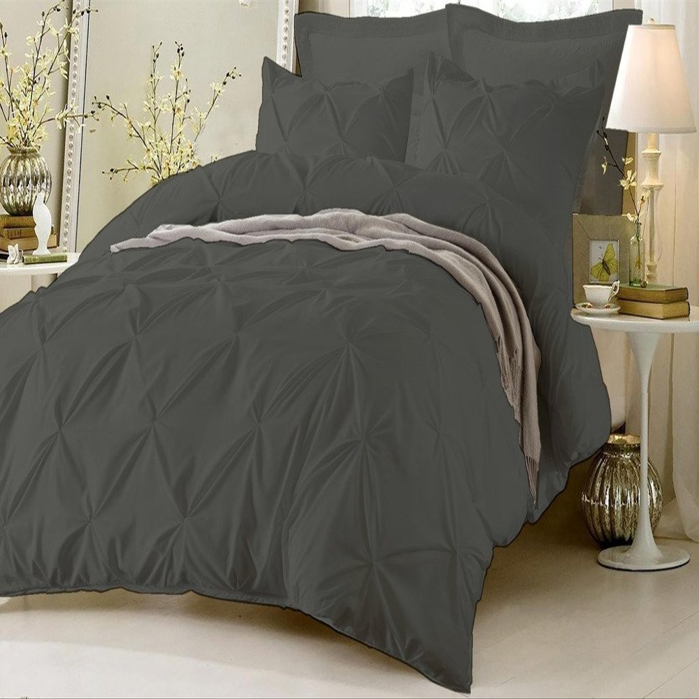 Amuze Bedding Stylish Pinch Pleated 3 PCs Duvet Cover and Pillow Shams Decorative Set (Elephant Grey, Full/Queen) Luxurious 100% Egyptian Cotton 400 Thread Count