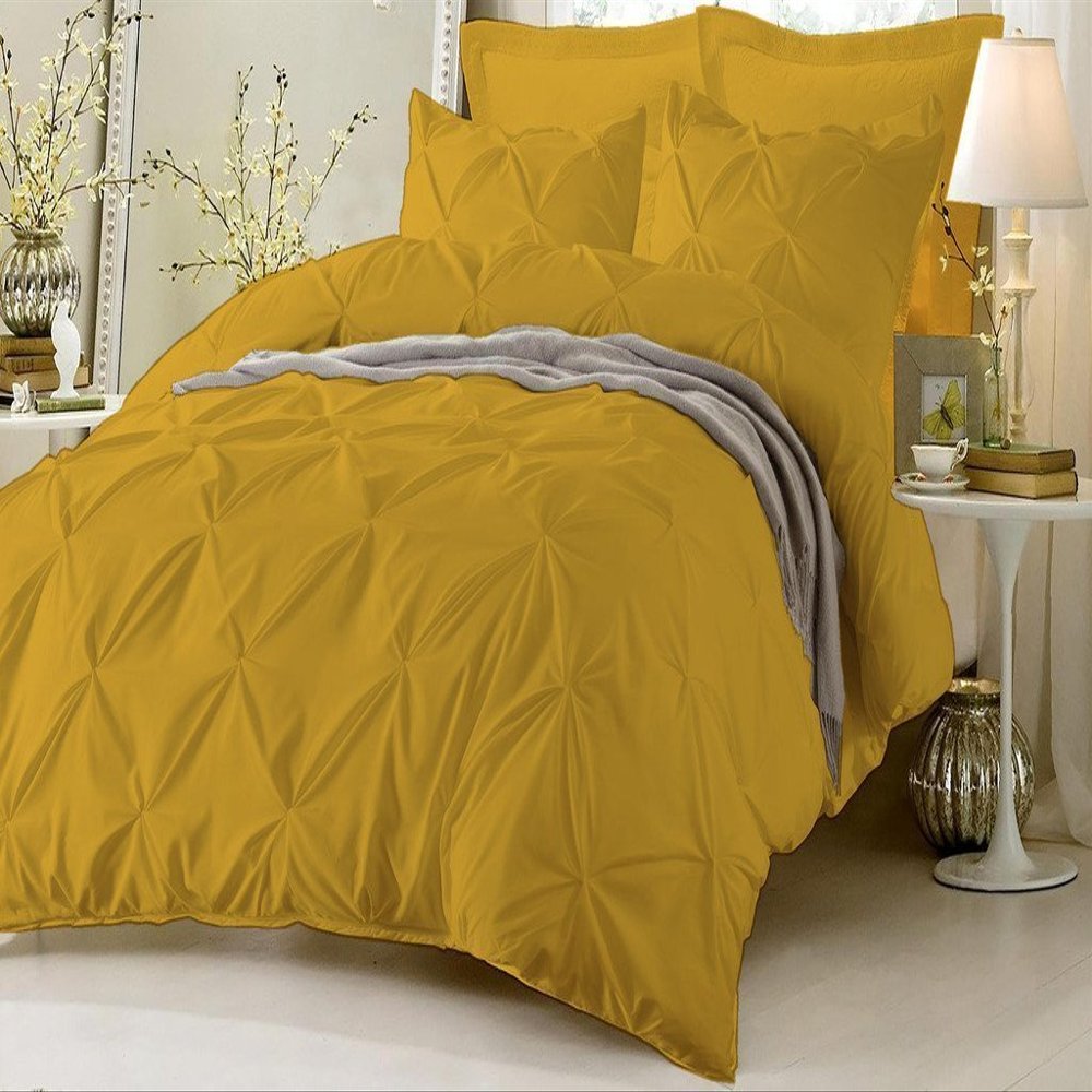 Amuze Bedding Stylish Pinch Pleated 5 PCs Duvet Cover and Pillow Shams Decorative Set (Gold, Full/Queen) Luxurious 100% Egyptian Cotton 400 Thread Count
