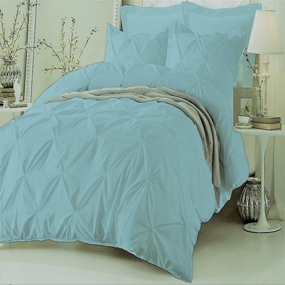 Amuze Bedding Stylish Pinch Pleated 3 PCs Duvet Cover and Pillow Shams Decorative Set (Aqua Blue, Full/Queen) Luxurious 100% Egyptian Cotton 400 Thread Count
