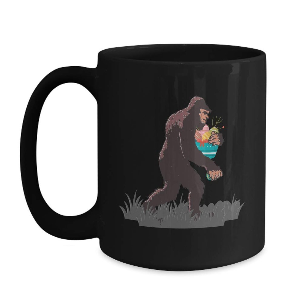 BeeTeeStore Bigfoot Easter Coffee Mug - Sasquatch Hunting Eggs Illustration - 15 oz Black Ceramic Tea Cup for Animal Lovers, Egg Hunt Gifts & Birthday Surprises