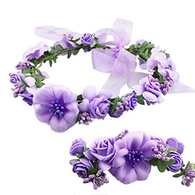 ShineBear 1Set Fashion White Bride Wedding Wreath Head Flowers Wrist Flower Corsage Flowergirl Headwear Hair Accessories IC873268 - (Color: Purple)