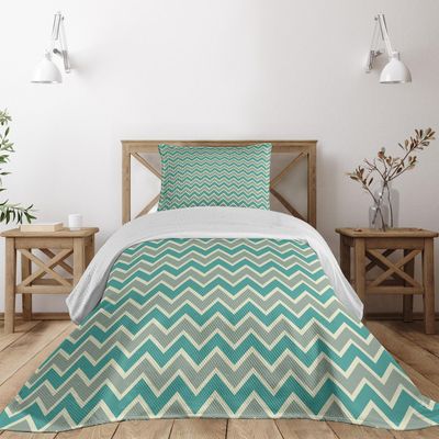 Ambesonne Chevron Coverlet, Zigzag Stripes Pattern Angular Design Retro Design Inspirations, 2 Piece Decorative Quilted Bedspread Set with 1 Pillow Sham, Twin Size, Teal Beige