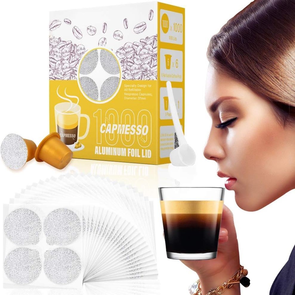 CAPMESSO Espresso Foils and Refillable Capsules-Seal Lids to Reusable Capsules Coffee Pod Compatible with Nespresso Original Line Machines (Silver -1000pcs Lids+6 pcs Pods)