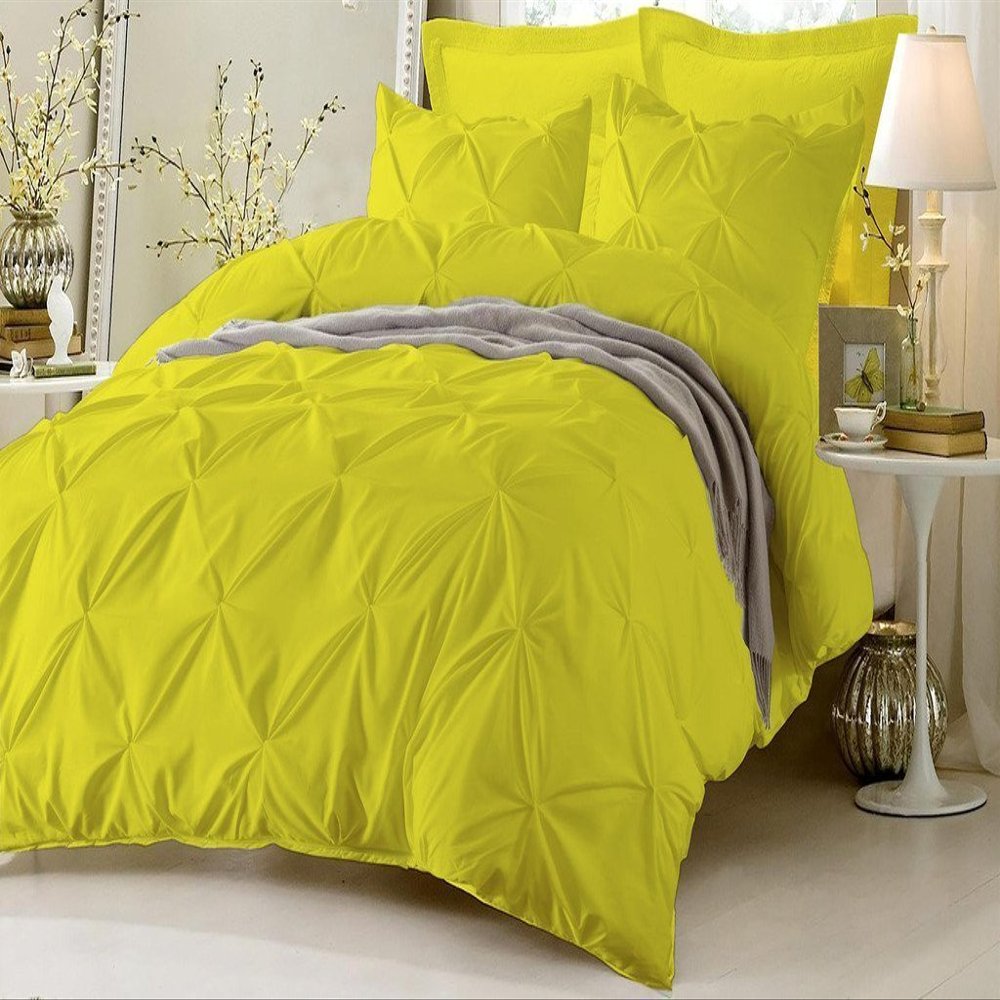 Amuze Bedding Stylish Pinch Pleated 3 PCs Duvet Cover and Pillow Shams Decorative Set (Yellow, King/Cal King) Luxurious 100% Egyptian Cotton 400 Thread Count