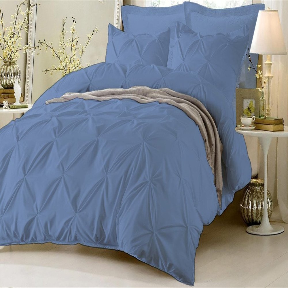 Amuze Bedding Stylish Pinch Pleated 3 PCs Duvet Cover and Pillow Shams Decorative Set (Medium Blue, Twin/Twin XL) Luxurious 100% Egyptian Cotton 400 Thread Count