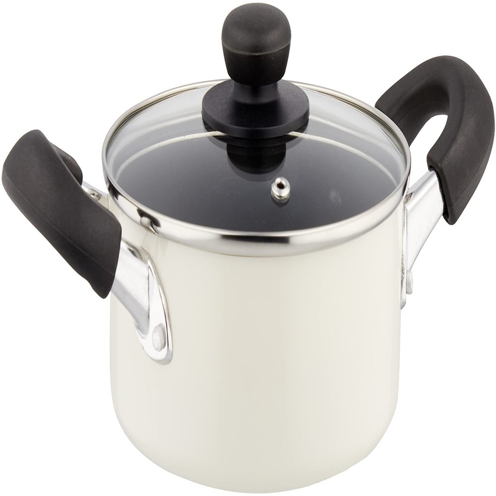 Pearl Metal HB-4403 Two-Handled Pot, 6.3 inches (16 cm), Induction Compatible, Fluorine Treatment, Glass Lid Included, White, Just the Right Size