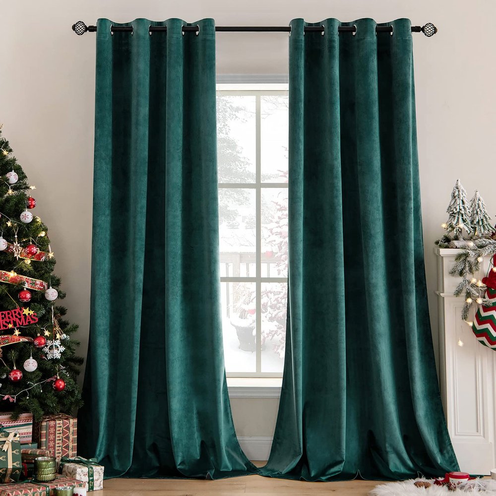 MIULEE Christmas Dark Green Velvet Curtains Room Darkening Blackout Soft Grommet Emerald Curtain Short Thermal Soundproof Curtains/Drapes/Panels for Living Room Bedroom 52 x 63 Inch 2 Panels