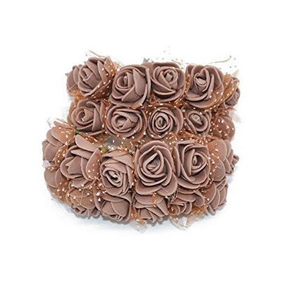 ShineBear 36Pcs Handmade Mini Foam Rose Flowers Multi-use Flowers Branch Wedding Party Decoration DIY Headwear/Wreath Accessories 7 - (Color: PE20 Coffee)