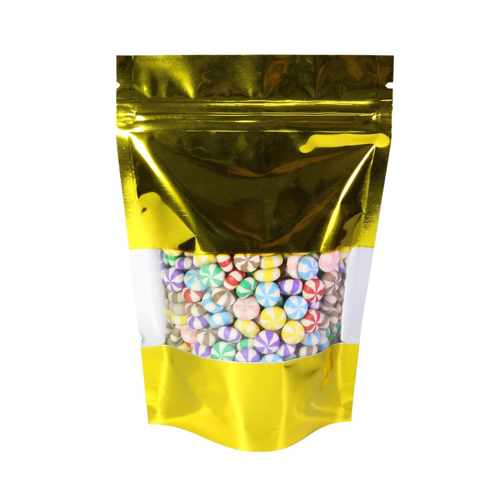 QQ Studio 100 Shiny Colored Aluminum Mylar Foil Clear Window Reclosable QuickQlick Stand-Up Bags (7" x 10", Gold)