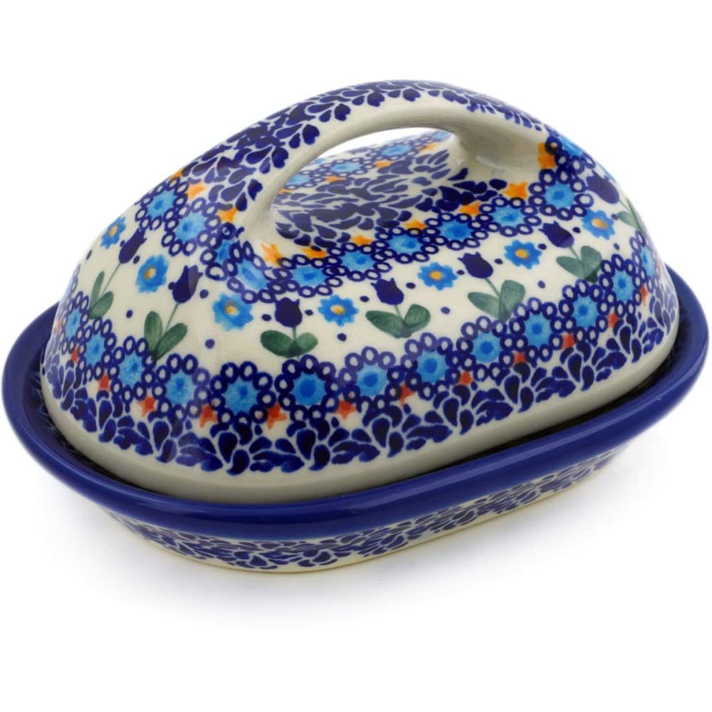 Polmedia Polish Pottery Butter Dish UNIKAT - Blue Tulip Garden Pattern Handmade in Boleslawiec Poland by Ceramika Bona + Certificate of Authenticity