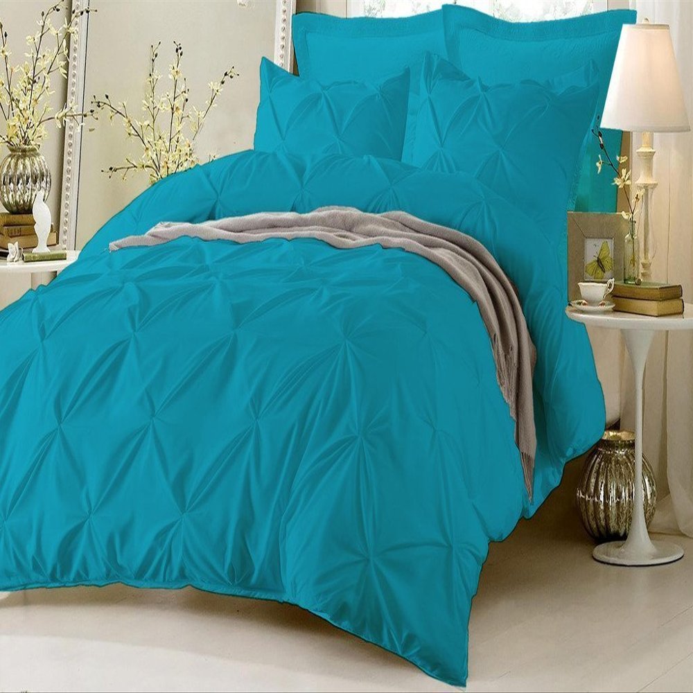Amuze Bedding Stylish Pinch Pleated 3 PCs Duvet Cover and Pillow Shams Decorative Set (Turquoise Blue, Full/Queen) Luxurious 100% Egyptian Cotton 400 Thread Count