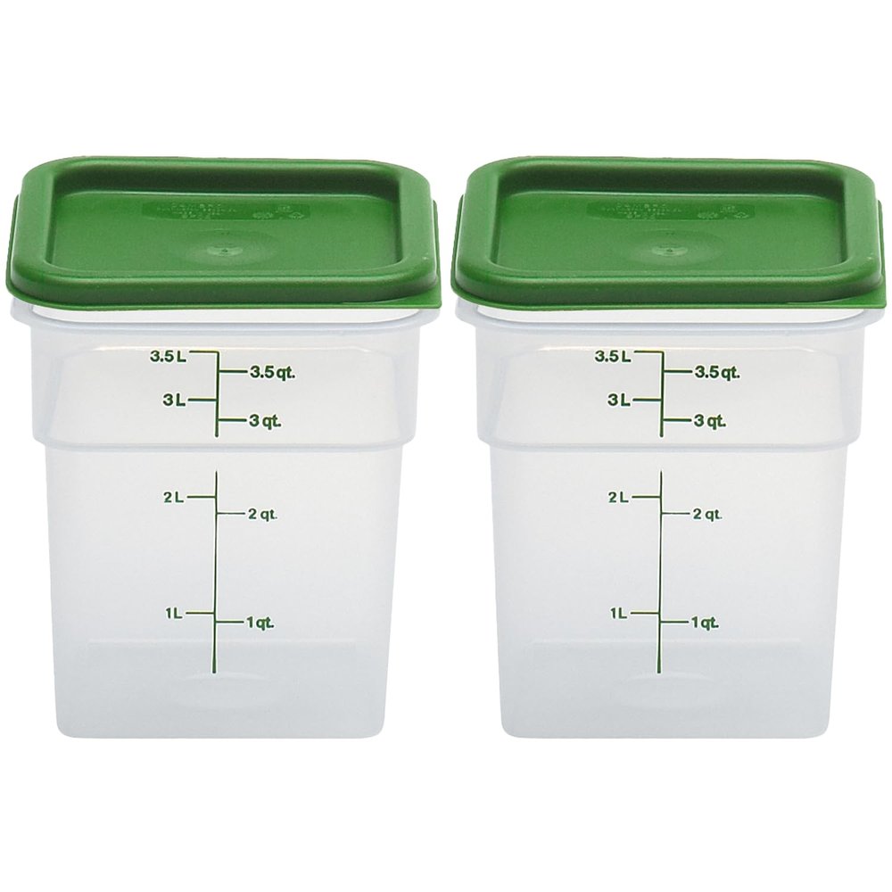 Cambro Food Storage Container with Lid (Microwave Safe and BPA-Free) - 2 Pack - Classic Series Square with Green Lid - 4 QT (Quart) - Commercial Grade for Food Prep (Translucent)