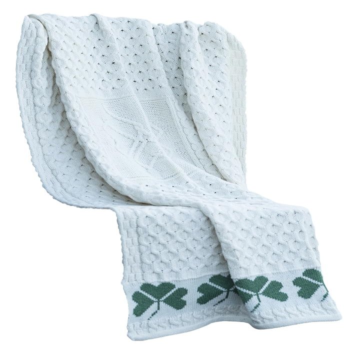 Aran Woolen Mills Irish Merino Wool Throw Blanket, Shamrock Design, Natural, 42 x 60 Inches