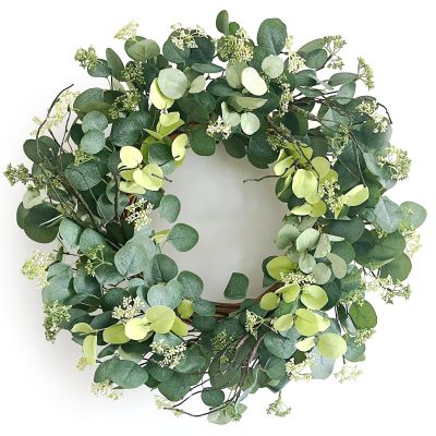 24 Inch Spring Wreath for Front Door, Spring Eucalyptus Wreath for Grapevine Farmhouse with Silk Printing Dollar Leaves Wreaths for Festival Celebration Front Door Wall Window Home Dcor