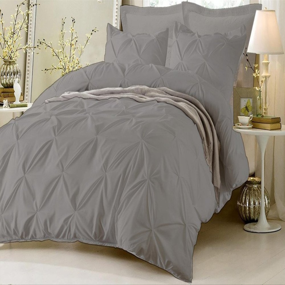 Amuze Bedding Stylish Pinch Pleated 3 PCs Duvet Cover and Pillow Shams Decorative Set (Silver Grey, Twin/Twin XL) Luxurious 100% Egyptian Cotton 400 Thread Count